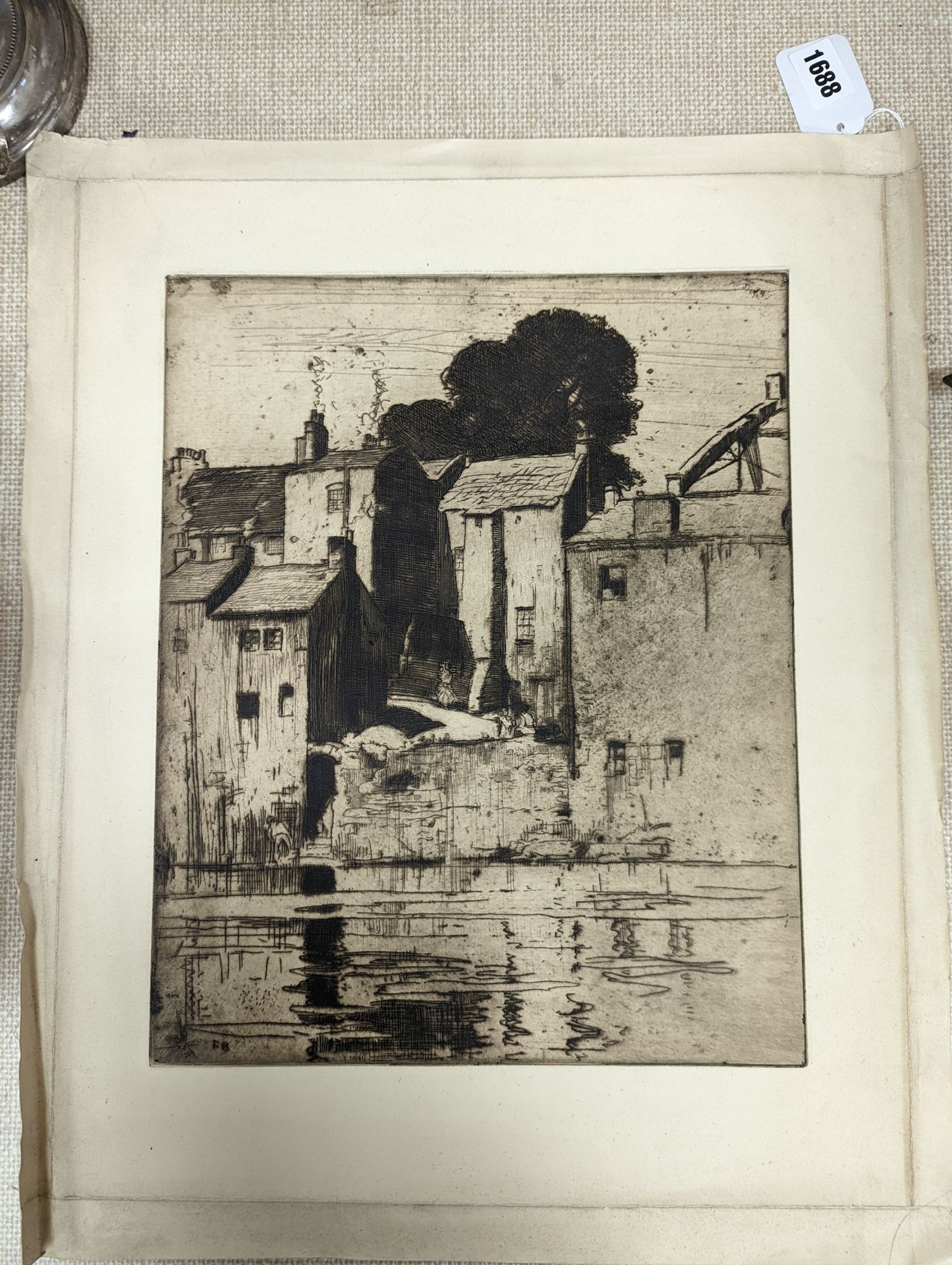 Frank Brangwyn, etching, Barnard Castle from the river Tees, initialled in the plate, 37.5 x 30cm, unframed